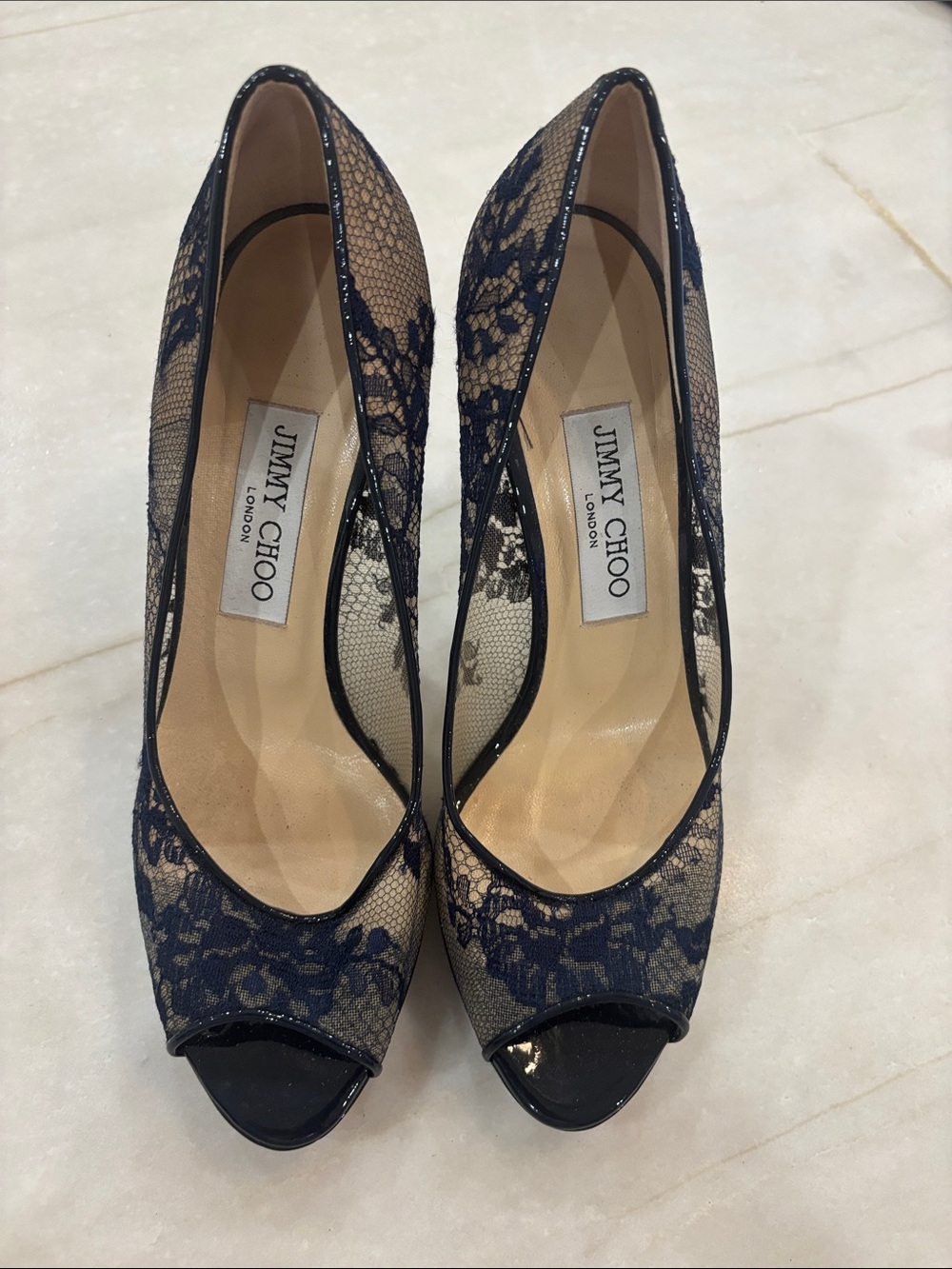 Jimmy Choo Navy Luna Lace Peep-Toe Pumps
